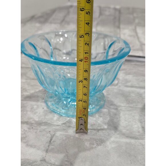 Vintage Lot of 2 Matching Aqua/Turquoise Blue Glass Thumbprint Pedestal Bowl Thu - Picture 7 of 10